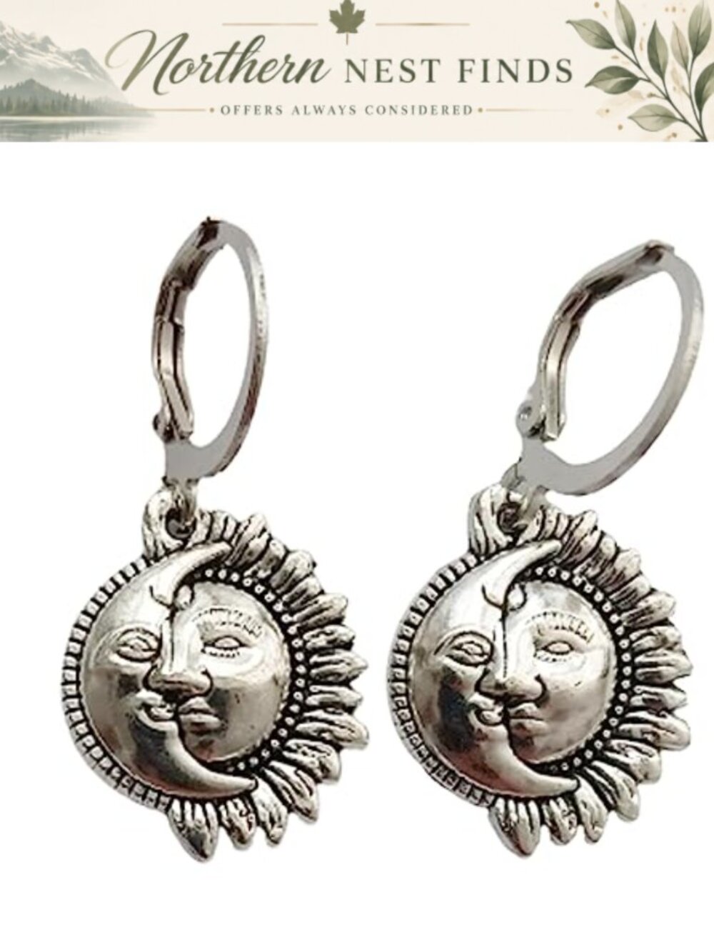 Celestial Sun Moon Leverback Earrings Vintage Bohemian Boho